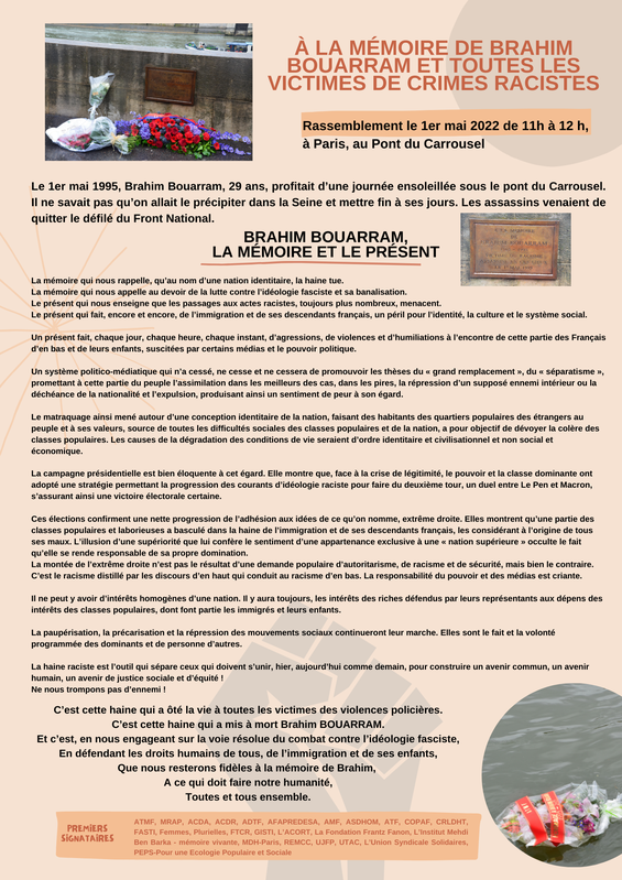 À la mémoire de Brahim Bouarram et toutes les victimes de crimes racistes