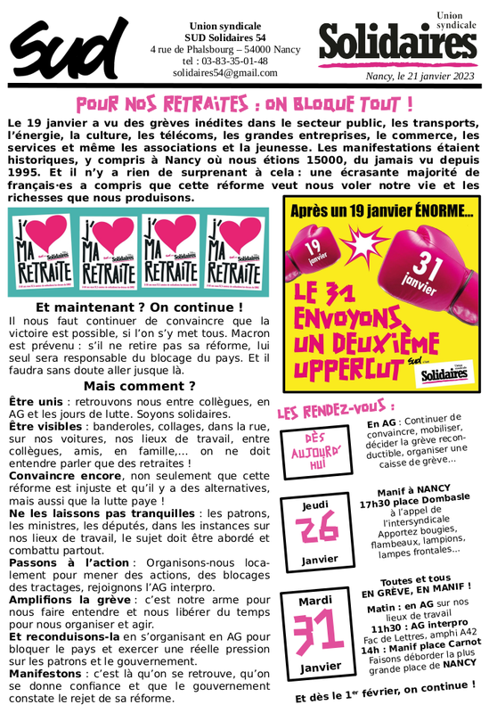 Appel SUD-Solidaires 54 - 26 et 31 janvier 2023