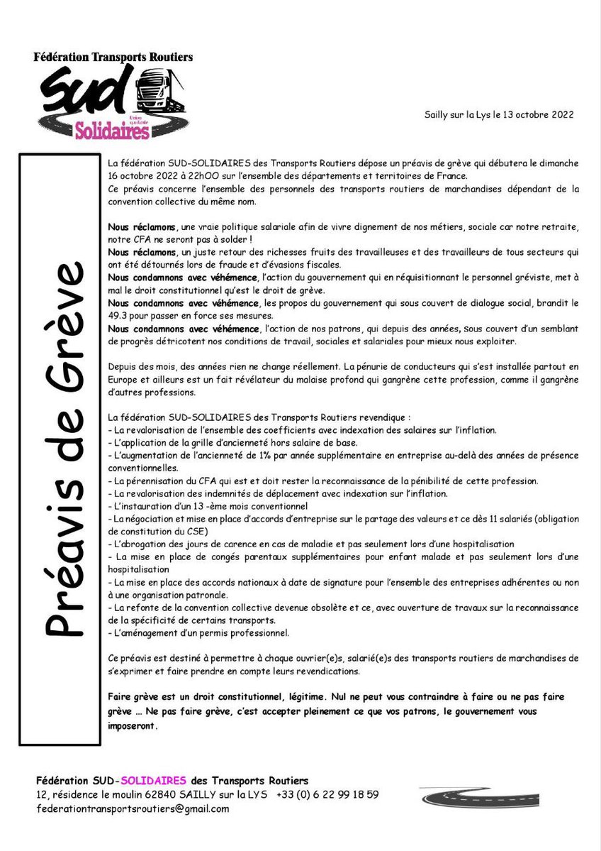 Fédération transport routier préavis de grève
