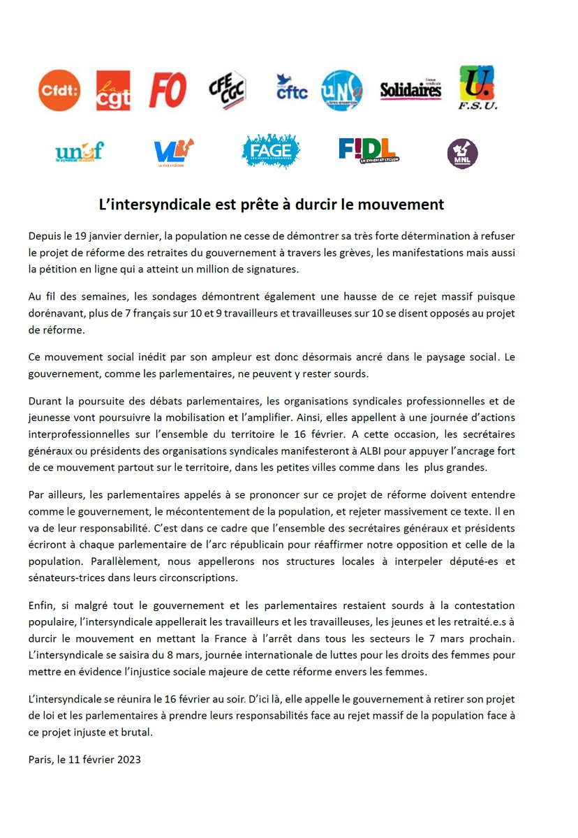 communique intersyndical 11 janvier 2023